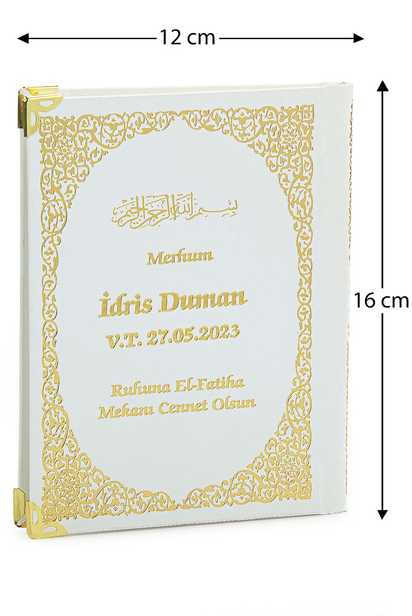 50 Adet İsim Baskılı Ayet-el Kürsi Desenli Yaldızlı Deri Ciltli Çanta Boy Yasin Kitabı Mevlüt Hediyesi 128 Sayfa Beyaz - 1