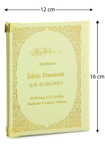 50 Adet İsim Baskılı Ayet-el Kürsi Desenli Yaldızlı Deri Ciltli Çanta Boy Yasin Kitabı Mevlüt Hediyesi 128 Sayfa Krem - 1