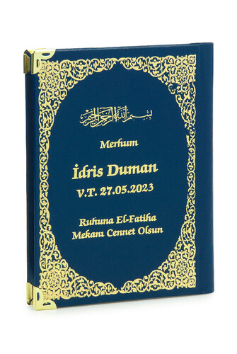 50 Adet İsim Baskılı Ayet-el Kürsi Desenli Yaldızlı Deri Ciltli Çanta Boy Yasin Kitabı Mevlüt Hediyesi 128 Sayfa Lacivert - 2