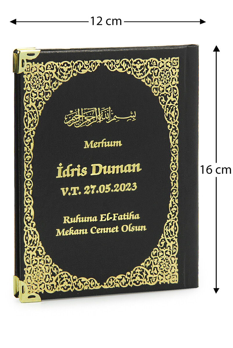 50 Adet İsim Baskılı Ayet-el Kürsi Desenli Yaldızlı Deri Ciltli Çanta Boy Yasin Kitabı Mevlüt Hediyesi 128 Sayfa Siyah - 1