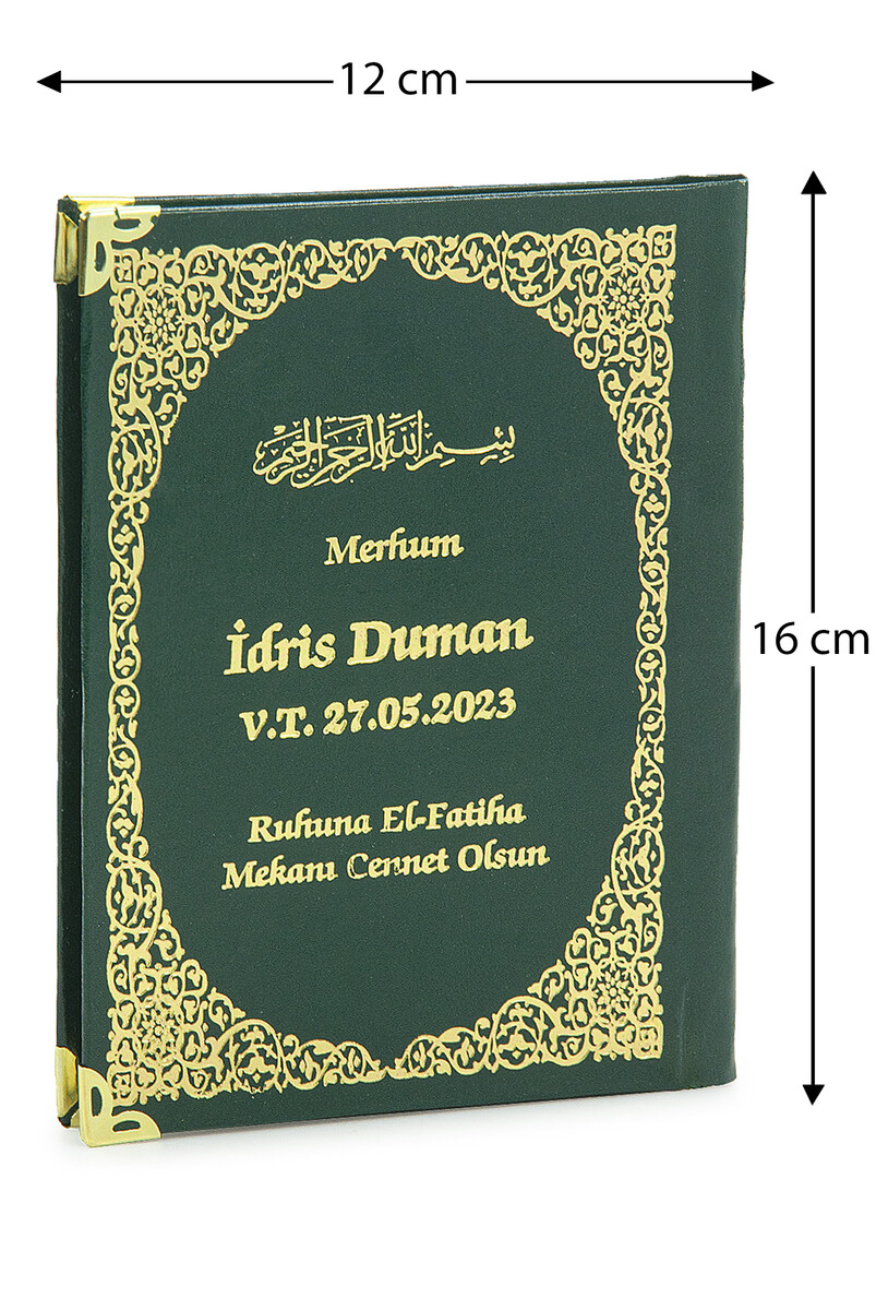 50 Adet İsim Baskılı Ayet-el Kürsi Desenli Yaldızlı Deri Ciltli Çanta Boy Yasin Kitabı Mevlüt Hediyesi 128 Sayfa Yeşil - 1