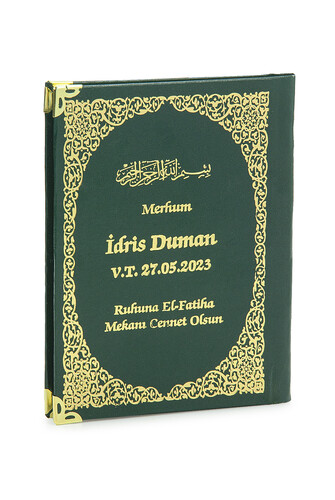 50 Adet İsim Baskılı Ayet-el Kürsi Desenli Yaldızlı Deri Ciltli Çanta Boy Yasin Kitabı Mevlüt Hediyesi 128 Sayfa Yeşil - 2