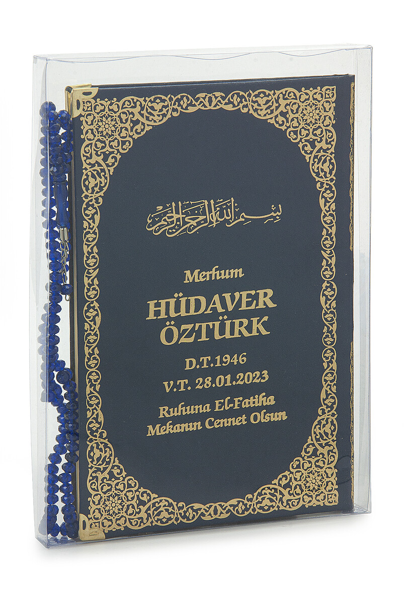 50 Adet İsim Baskılı Kutulu Tesbihli Orta Boy Deri Ciltli Yasin Kitabı Mevlüt Hediyesi Lacivert - 1