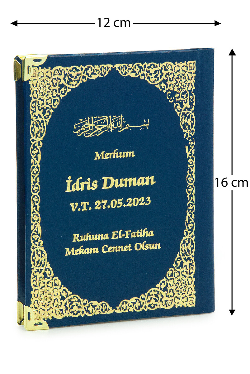 50 Adet İsim Baskılı Vav Desenli Yaldızlı Deri Ciltli Çanta Boy Yasin Kitabı Mevlüt Hediyesi 128 Sayfa Mavi - 1