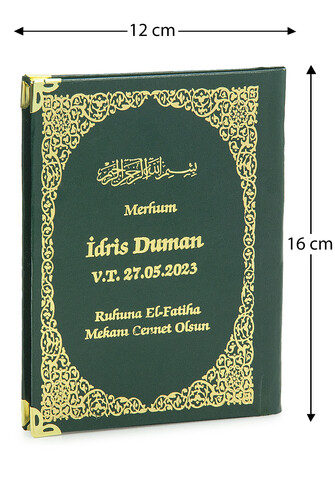 50 Adet İsim Baskılı Vav Desenli Yaldızlı Deri Ciltli Çanta Boy Yasin Kitabı Mevlüt Hediyesi 128 Sayfa Yeşil 