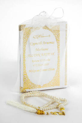 50 PCS - Name Printed Hardcover Book of Yasin - Bag Size - 128 Pages - Pearl Rosary - White Color - Mevlit Gift - 1