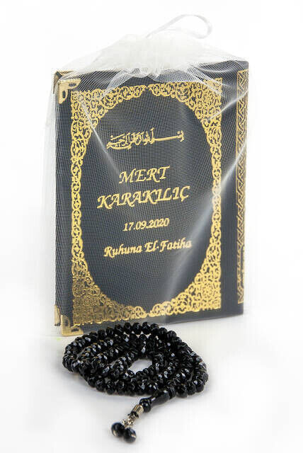 50 PCS - Name Printed Hardcover Book of Yasin Bag Size 128 Pages With Rosary Black Color Mevlit Gift - 1