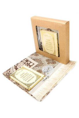 50 PCS - Name Printed Hardcover Book of Yasin - With Prayer Rug - Rosary - Boxed - Beige - Mevlit Gift Set - 1