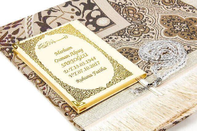 50 PCS - Name Printed Hardcover Book of Yasin - With Prayer Rug - Rosary - Boxed - Beige - Mevlit Gift Set - 3