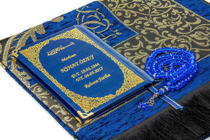 50 PCS - Name Printed Hardcover Book of Yasin - With Prayer Rug - Rosary - Boxed - Dark Blue - Mevlit Gift Set - 3