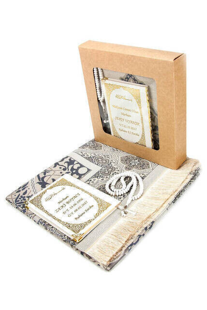 50 PCS - Name Printed Hardcover Book of Yasin - With Prayer Rug - Rosary - Boxed - Gray - Mevlit Gift Set - 1