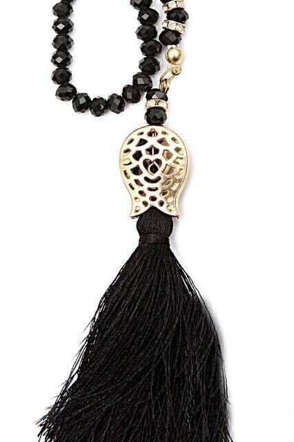 99 Piece Crystal Hajj Umrah Gift Rosary with Tulip Patterned Tassel - 6mm Black-3141 - 3