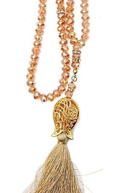 99 pieces Crystal Hajj Umrah Gift Prayer Beads with Tulip Patterned Tassel - 8mm Gold-3130 - 2