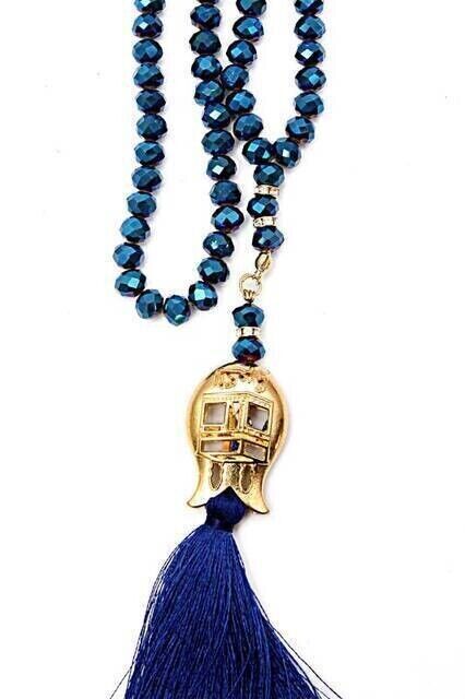 99 pieces Crystal Hajj Umrah Gift Prayer Beads with Tulip Patterned Tassel - 8mm Navy Blue - 2