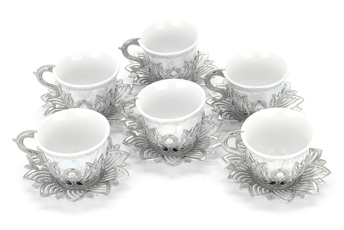 Ahsen Set of 6 Coffee Serving Cups Blue Patterned Silver Color - 2