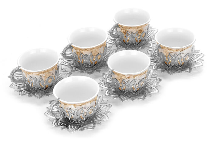 Ahsen Set of 6 Coffee Serving Cups Brown Patterned Silver Color - 3