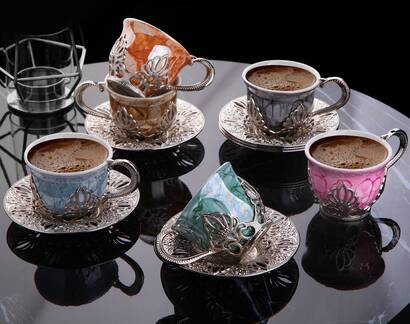 Ahsen Set of 6 Coffee Serving Cups Mixed Patterned Silver Color - 1