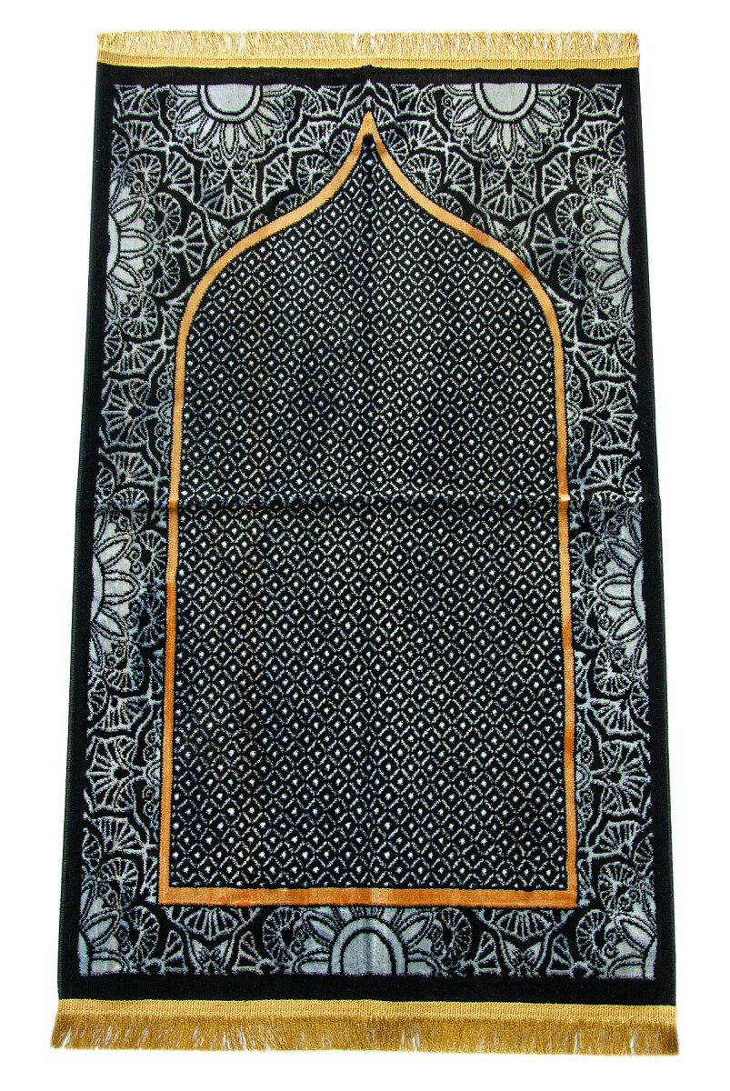 Albion Mihrab Motifli Kadife Seccade Siyah - 1