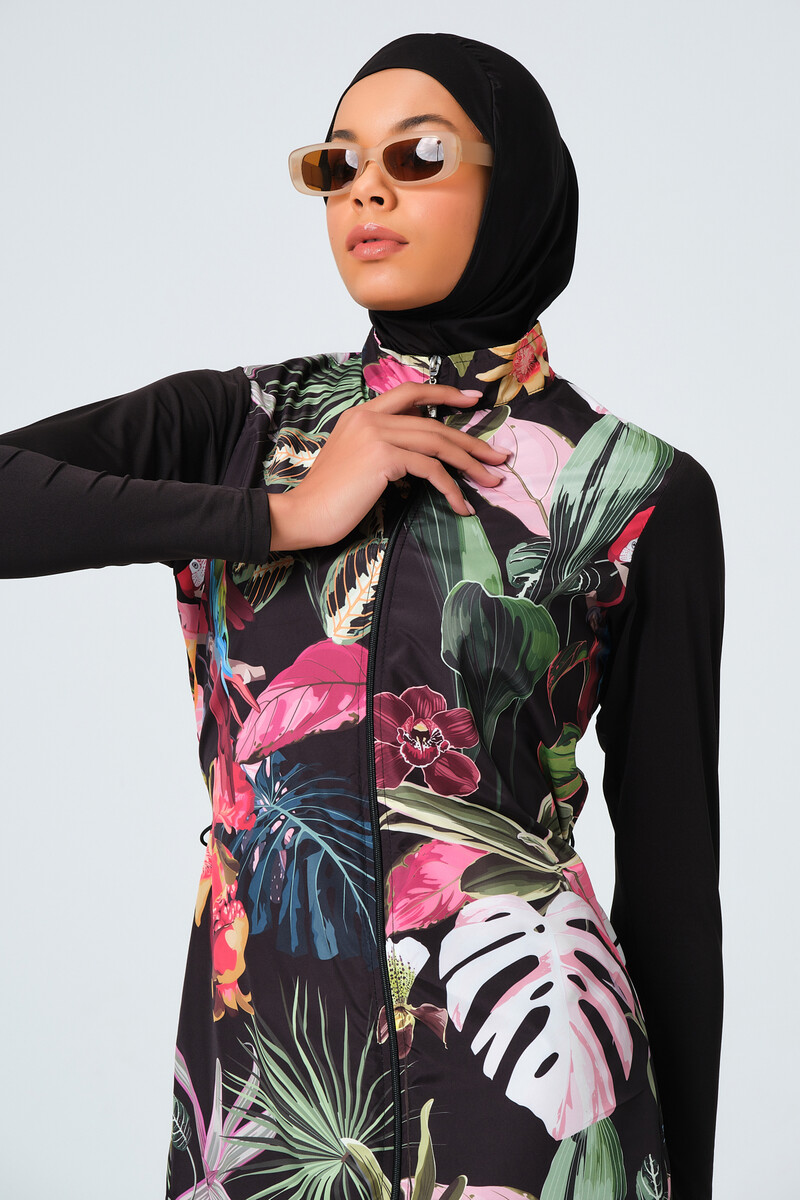 Alfasa 23430 Black Pink Nature Patterned Fully Covered Hijab Swimsuit - 8