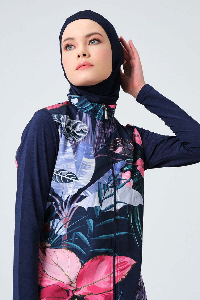 Alfasa 23430 Blue Nature Patterned Fully Covered Hijab Swimsuit - 5