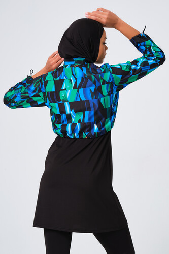 Alfasa Patterned Crop Fully Covered Hijab Swimsuit 23260-23 Blue - 6