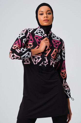 Alfasa Patterned Crop Fully Covered Hijab Swimsuit 23260-23 Pink - 3