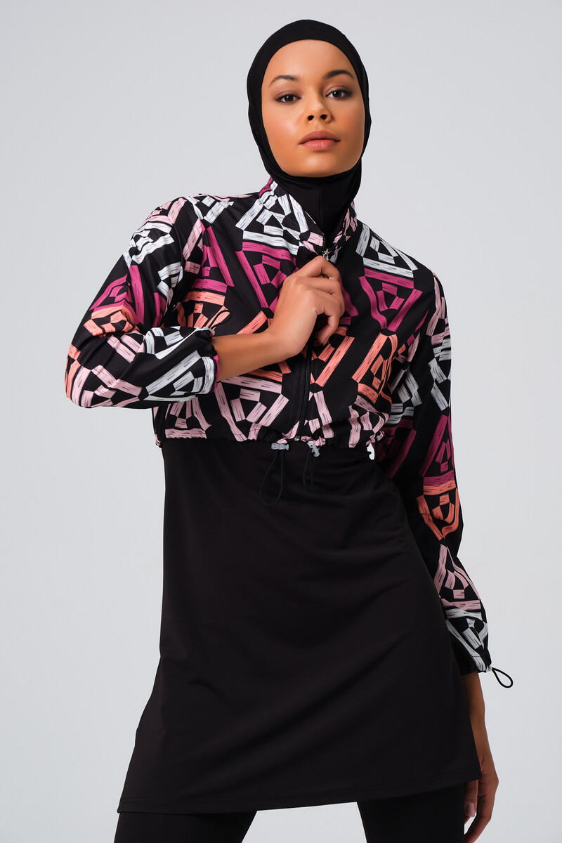 Alfasa Patterned Crop Fully Covered Hijab Swimsuit 23260-23 Pink - 3