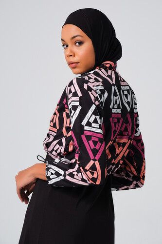 Alfasa Patterned Crop Fully Covered Hijab Swimsuit 23260-23 Pink - 5