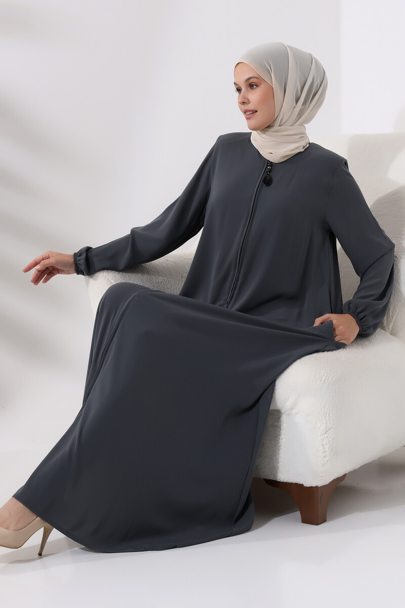 Anthracite Zippered Sleeve Elastic Medina Silk Mevlana Model Hijab Abaya - 5