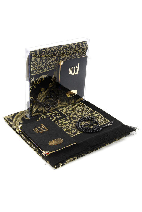 Bag Size Velvet Yasin Book - Prayer Rug - Rosary and Mevlid Gift with Transparent Box - Black - 1