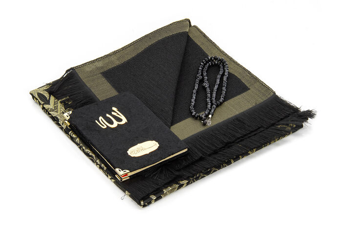 Bag Size Velvet Yasin Book - Prayer Rug - Rosary and Mevlid Gift with Transparent Box - Black - 2