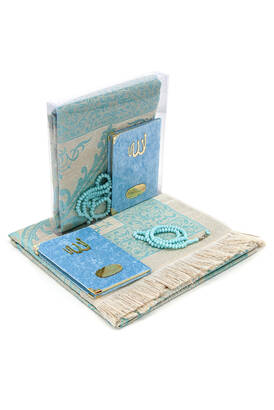 Bag Size Velvet Yasin Book - Prayer Rug - Rosary and Mevlid Gift with Transparent Box - Blue - 1