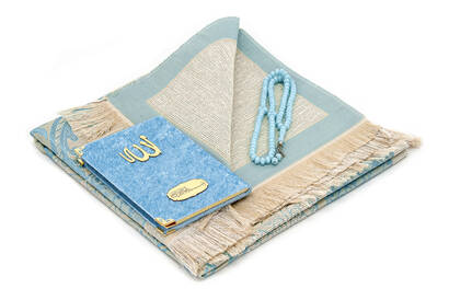 Bag Size Velvet Yasin Book - Prayer Rug - Rosary and Mevlid Gift with Transparent Box - Blue - 2