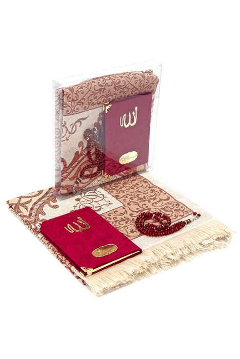 Bag Size Velvet Yasin Book - Prayer Rug - Rosary and Mevlid Gift with Transparent Box - Claret Red - 1