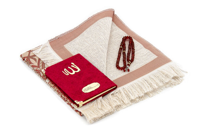 Bag Size Velvet Yasin Book - Prayer Rug - Rosary and Mevlid Gift with Transparent Box - Claret Red - 2