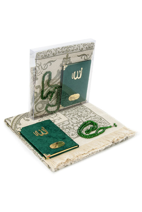 Bag Size Velvet Yasin Book - Prayer Rug - Rosary and Mevlid Gift with Transparent Box - Green - 1