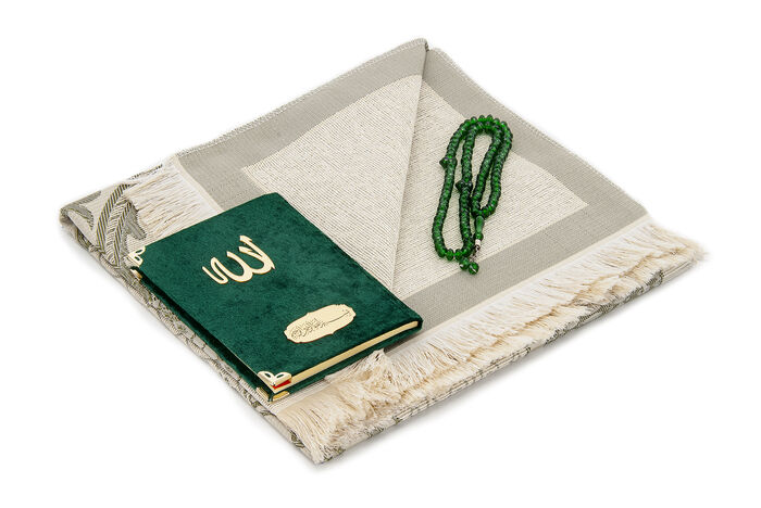 Bag Size Velvet Yasin Book - Prayer Rug - Rosary and Mevlid Gift with Transparent Box - Green - 2