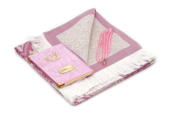 Bag Size Velvet Yasin Book - Prayer Rug - Rosary and Mevlid Gift with Transparent Box - Pink - 2