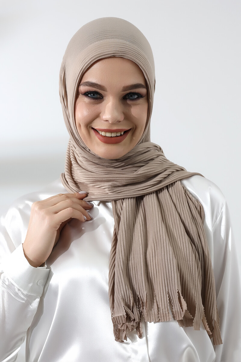 Beige Hijab Ready Made Practical Corded Cotton Shawl - 3