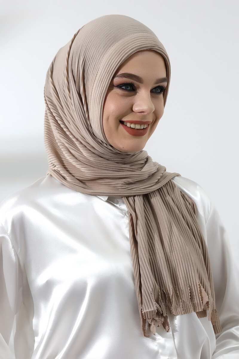 Beige Hijab Ready Made Practical Corded Cotton Shawl - 4