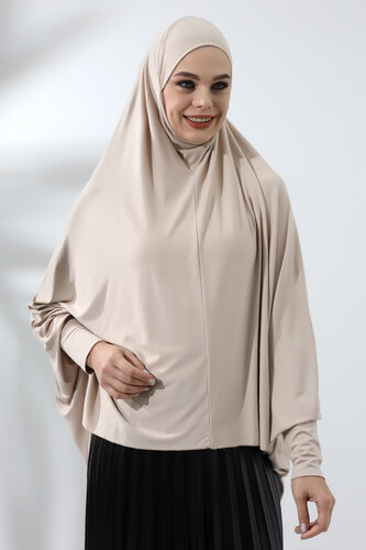 Beige Ready Practical Sultanbaş Hijab Sleeve Combed Cotton Soufflé Scarf Hijab - 2