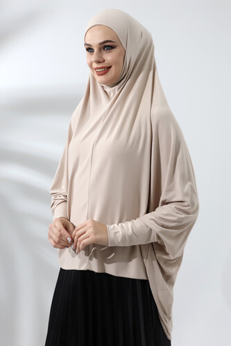 Beige Ready Practical Sultanbaş Hijab Sleeve Combed Cotton Soufflé Scarf Hijab - 4