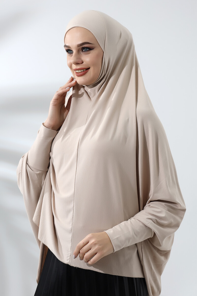 Beige Ready Practical Sultanbaş Hijab Sleeve Combed Cotton Soufflé Scarf Hijab - 5