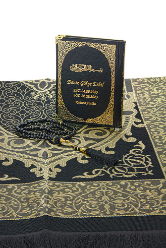 Black 50 Name Printed Leather Bound Bag Size Yasin Book Prayer Mat Set Mevlit Gift - 4