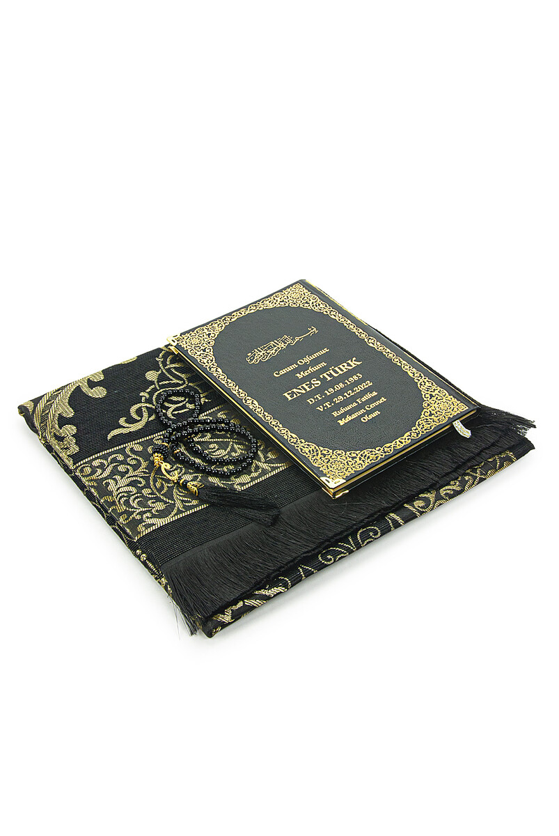 Black 50 Name Printed Leather Bound Medium Size Yasin Book Prayer Mat Set Mevlit Gift - 3