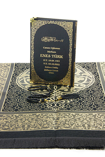 Black 50 Name Printed Leather Bound Medium Size Yasin Book Prayer Mat Set Mevlit Gift - 4