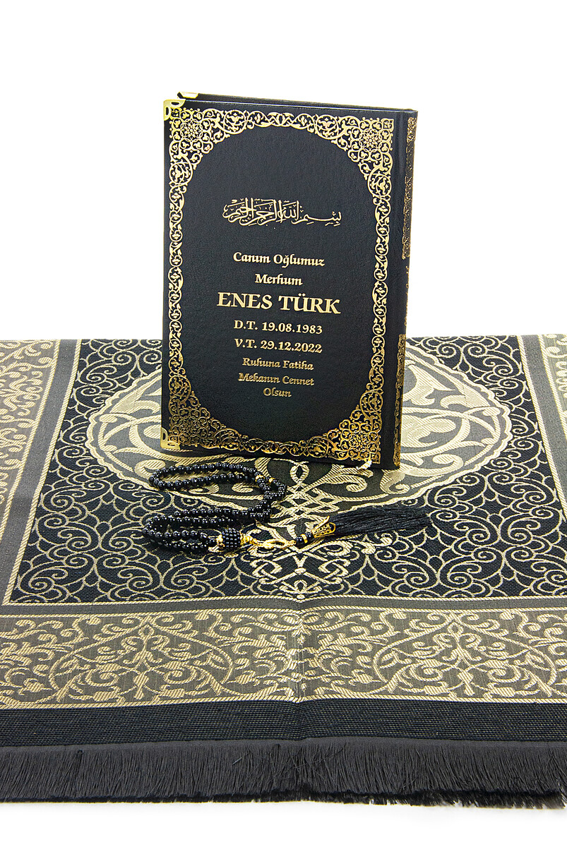 Black 50 Name Printed Leather Bound Medium Size Yasin Book Prayer Mat Set Mevlit Gift - 4