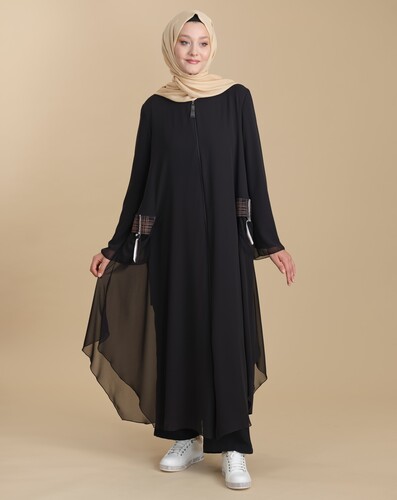 Black Chiffon Pocket Zippered Hijab Abaya - 1