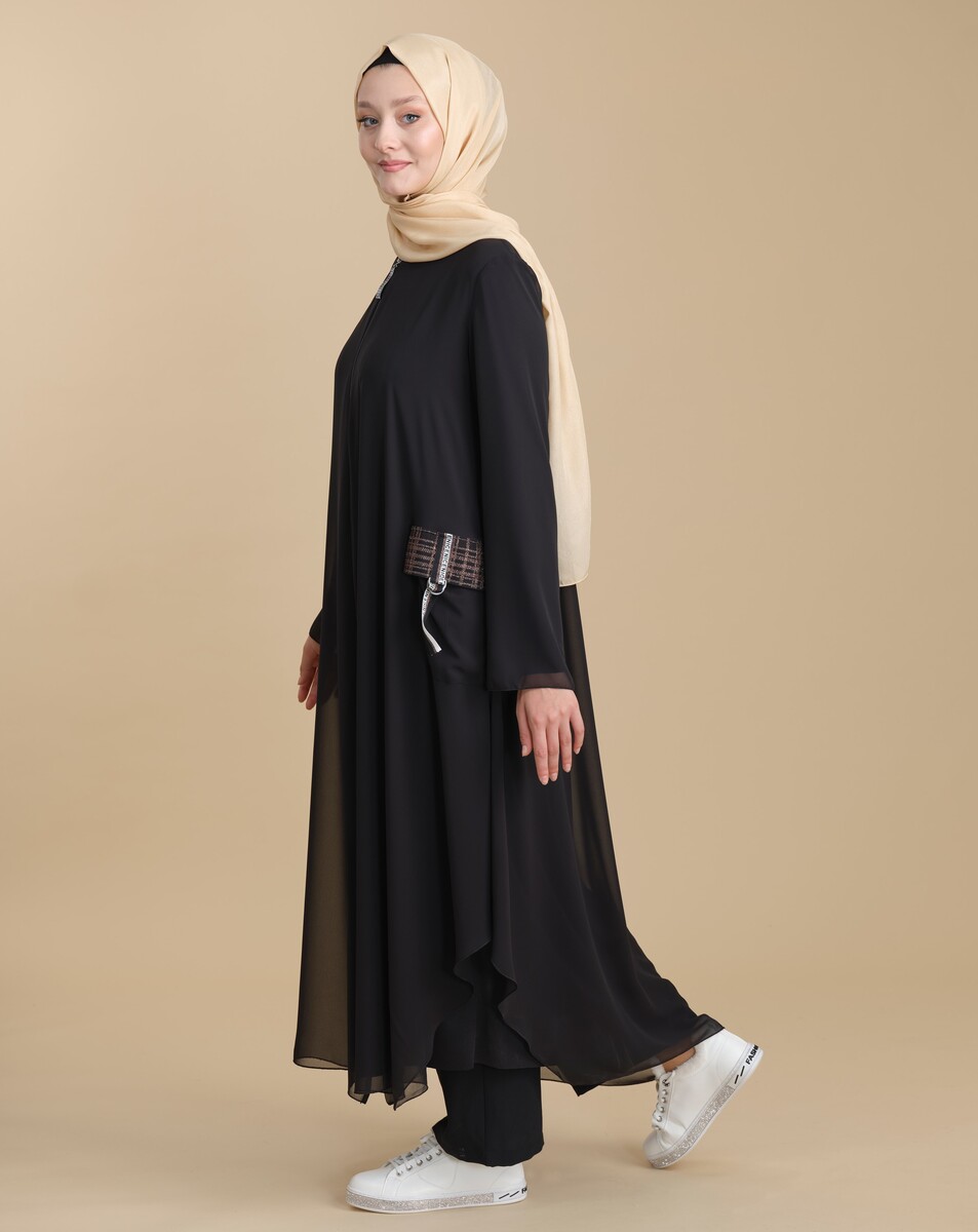 Black Chiffon Pocket Zippered Hijab Abaya - 2