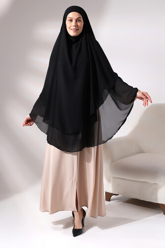 Black Chiffon Three Layer Veiled Long Hijab Soufflé Scarf - 1